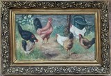 Tablou anii 30-40 Peisaj Rural &ldquo;In ograda cu găini&rdquo;, pictura ulei inramata 41x60 cm