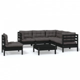 Set mobilier grădină cu perne, 6 piese, negru, lemn de pin