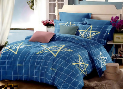 Lenjerie de pat pentru o persoana cu husa elastic pat si fata perna dreptunghiulara, Blue smile, bumbac mercerizat, multicolor foto