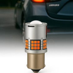 Bec LED Auto P21W / BA15S / 1156 cu Lupa si 60 LED-uri Premium Culoare Portocaliu 3000K pentru Semnalizare sau DRL, lumini de zi, CANBUS, fara eroare