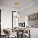 Lustra suspendata, dulie 3 x E27, 3 globuri sticla alba, corp auriu, bec maxim 40W, lungime reglabila maxim 1 m