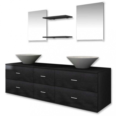 Set de mobilier de baie cu 7 piese si chiuvete incluse, negru foto