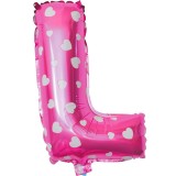 Balon folie metalizata litera l, flippy, 40 cm, cu imprimeu inimioare, umflati cu heliu sau aer, ambalaj individual, pai inclus, roz