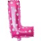 Balon folie metalizata litera l, flippy, 40 cm, cu imprimeu inimioare, umflati cu heliu sau aer, ambalaj individual, pai inclus, roz