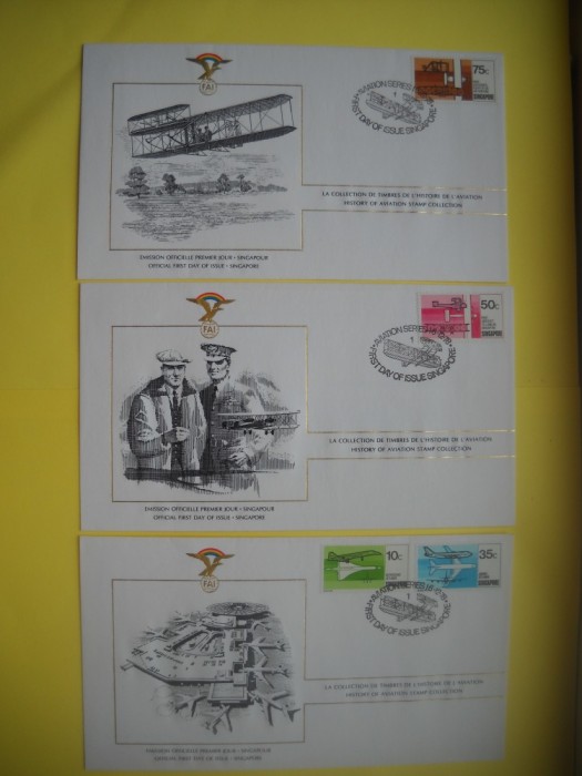 HOPCT PLIC FDC S NR 1010 SET 3 FDC SINGAPORE-ASIA -ISTORIA AVIATIEI -FAI -FEDERATIA AERONAUTICA INTERNATIONALA 1978-AVION / AVIATIE