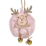 Ornament Brad Crăciun, Cerb Lemn, Blană Roz, Clopoței Metalici, 8 cm, Oem