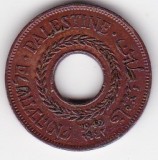 Monedă Palestina 5 Mils 1927, Mandatul Britanic, perforată central