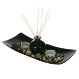 Decoratiune tava dreptunghiulara pentru lumanari, cu 2 paharute decorate si borcan pentru bete de aromaterapie