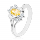 Inel lucios cu zirconiu galben oval, culoare argintie, zirconii transparente - Marime inel: 53