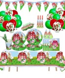 Set 147 piese vesela petrecere Animale de la Ferma pentru 10 copii, stegulete decorative, fata de masa, servetele, pahare, farfurii, dragoni care sufl
