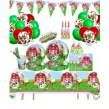 Set 147 piese vesela petrecere Animale de la Ferma pentru 10 copii, stegulete decorative, fata de masa, servetele, pahare, farfurii, dragoni care sufl