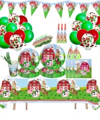 Set 147 piese vesela petrecere Animale de la Ferma pentru 10 copii, stegulete decorative, fata de masa, servetele, pahare, farfurii, dragoni care sufl