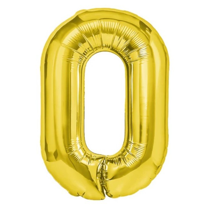 Balon din folie metalizata flippy, figurina cifra, tema aniversare 40 cm, ambalaj individual, pai inclus, umflare cu aer sau heliu, auriu, cifra 0
