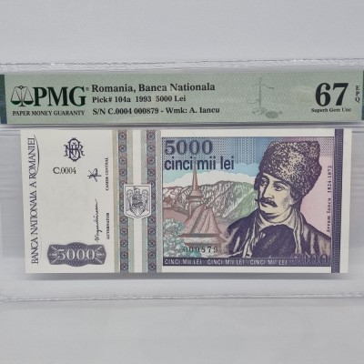 BANCNOTA UNC 5000 LEI 1993 GRADATA PMG 67 EPQ foto