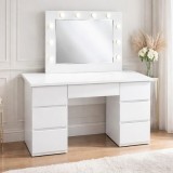 Masa de toaleta Vanessa alba cu oglinda LED si 7 sertare, 130x43x143 cm