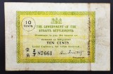 Singapore straits settlements 10 cents 1919 P6c rară