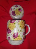 cana veche de portelan cu capac pentru ceai,cana cu capac din portelan BOHMANN,Cana vintage cu capac 12 cm inalt,cu capac,9 cm diametru cana fara ansa