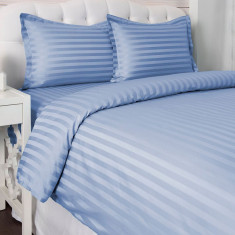 Lenjerie de pat pentru o persoana cu husa elastic pat si fata perna dreptunghiulara, Elegance, damasc, dunga 1 cm 130 g/mp, Albastru, bumbac 100%