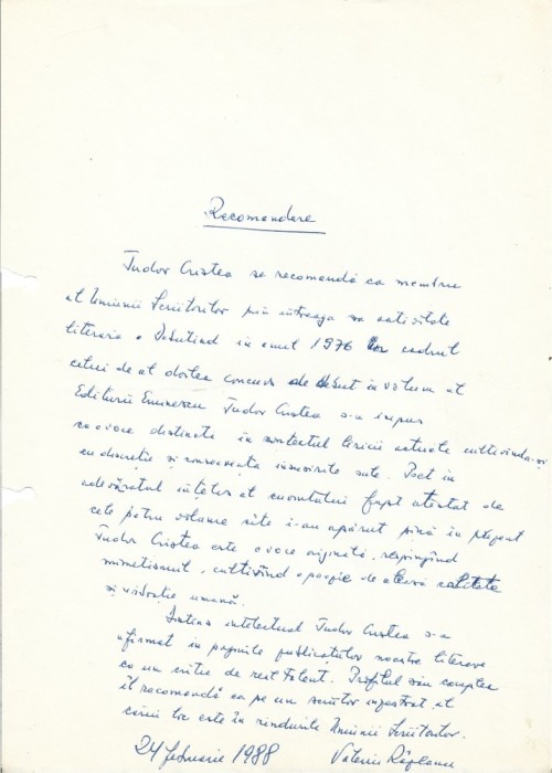 A3581N Valeriu R&acirc;peanu, act scris și semnat olograf, 1988