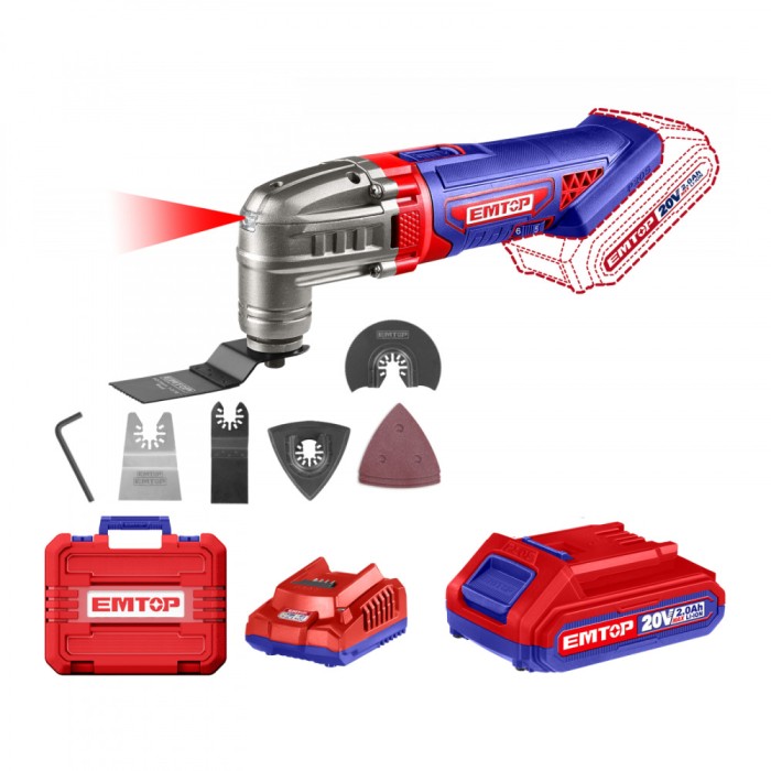 Instrument Multifunctional EMTOP ELMF20221, 20V, 1 Acumulator 2.0AH, 6 Viteze Reglabile, 8 Accesorii Incluse, Cutie Transport, Design Ergonomic, Contr