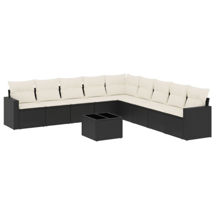 Set canapele de gradina cu perne, 10 piese, negru, poliratan