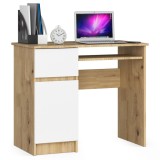 Birou computer PIKSEL, cu sertar, dulap si raft pentru tastatura, stanga, 90x50x77 cm, stejar artisan si alb Household NewTrend