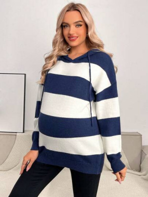 Hanorac din tricot in dungi, gravide, albastu foto