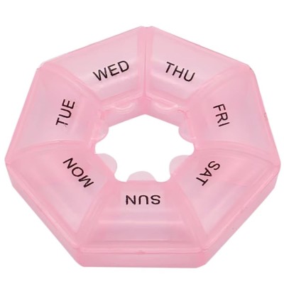 Cutie rotunda pentru organizare medicamente, vitamine sau suplimente pentru o saptamana, Pufo Pill, 9 cm, roz foto