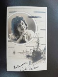 Fotografie portret femeie si vapor, tip carte postala, 1902