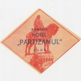 Etichetă publicitară veche Hotel Partizanul Cluj &ndash; Rom&acirc;nia, statuie ecvestră