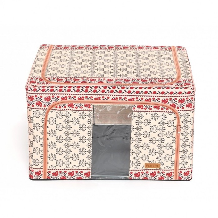 Cutie de depozitare pliabila cu 2 usi de acces si fereastra frontala, fermoar bidirectional, 66 l, bumbac si in, 52 x 42 x 39 cm, model traditional 6