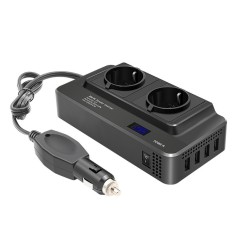 Invertor de putere cu unda sinusoidala Techstar&reg;, 200W, DC12V la AC220V, Afisaj LCD, 2 prize AC EU, 4 Porturi USB cu Incarcare rapida, Negru