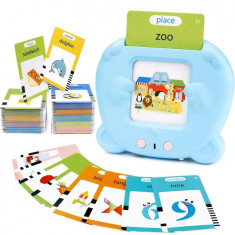 Jucarie Montessori pentru copii, Set invatare limba engleza cu cititor de carduri flash, 224 de cuvinte, MicroUSB, albastru