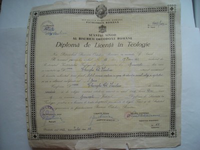 Diploma de licenta in teologie, 1952 foto