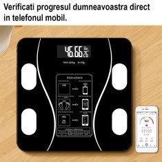 Cantar Electronic Inteligent De Baie Cu Aplicatie Smart, Corporal, Ecran Digital Iluminat, Termometru, Suporta Maxim 180 Kg, , Baterii, Negru