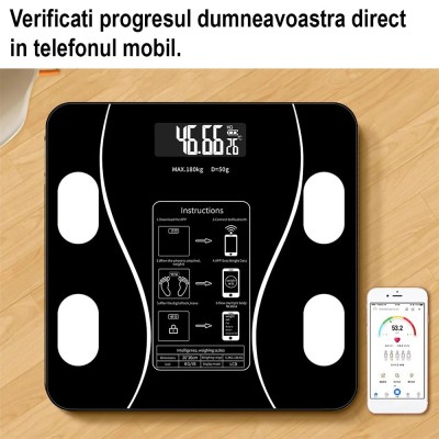Cantar Electronic Inteligent De Baie Cu Aplicatie Smart, Corporal, Ecran Digital Iluminat, Termometru, Suporta Maxim 180 Kg, , Baterii, Negru foto