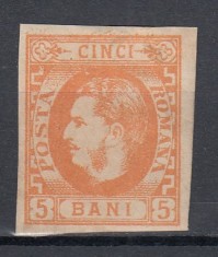 ROMANIA 1869 LP 25 CAROL I CU FAVORITI 5 BANI PORTOCALIU GUMA ORIGINALA SARNIERA