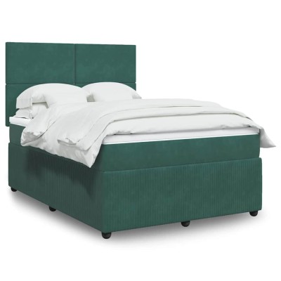 vidaXL Pat box spring cu saltea, verde &amp;icirc;nchis, 140x190 cm, catifea 3292331 foto