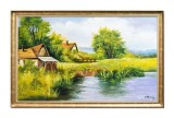 Cumpara ieftin Tablou inramat peisaj de vara cu case langa rau pictat manual, Colt de rai, 110x70cm ulei pe panza Constantin Feraru