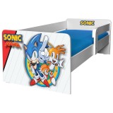 Pat pentru copii Fast Hero, cu protectie laterala detasabila, Pal melaminat, margini rotunjite, 2-8 ani, 144x76x45 cm, alb albastru