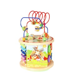 Cub educativ 7 in 1 Montessori din lemn cu activitati, xilofon si bete pentru cantat, abac, rulmenti, ceas,