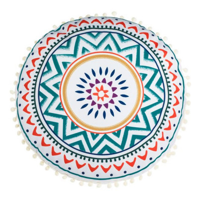 Perna Decorativa Rotunda Alba cu Forme Geometrice Colorate si Pompon Ecru foto