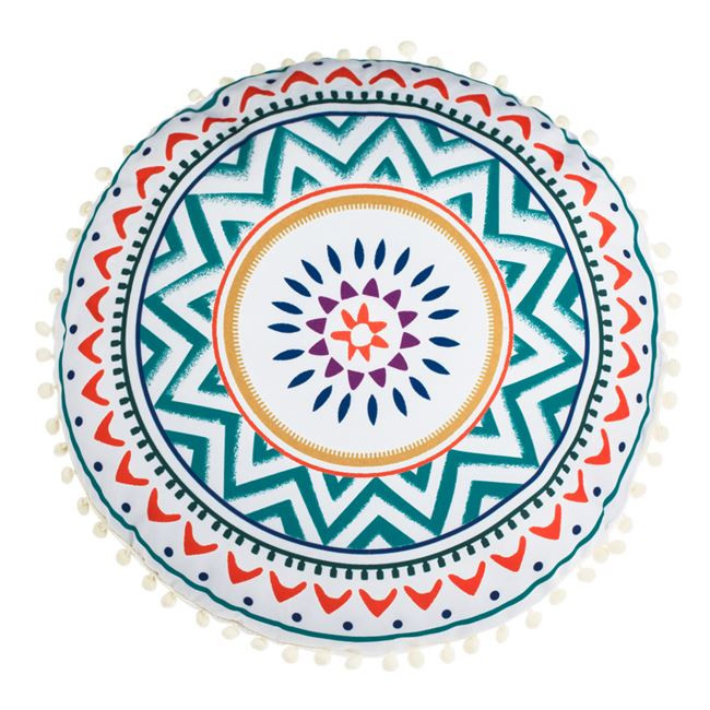 Perna Decorativa Rotunda Alba cu Forme Geometrice Colorate si Pompon Ecru