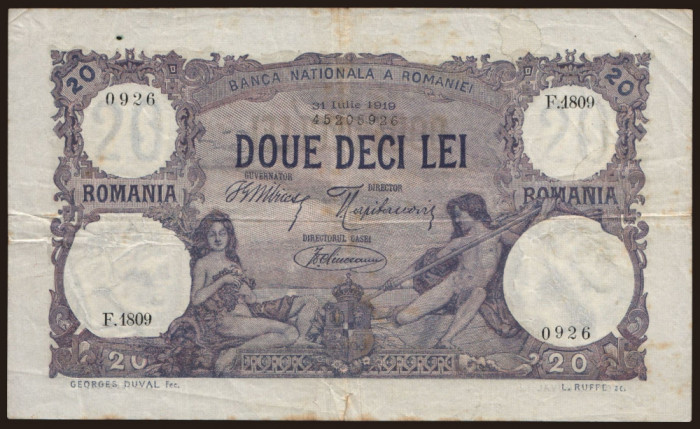 ROMANIA - 20 lei - IULIE 1919 . Stare foarte buna. Rara in aceasta stare !