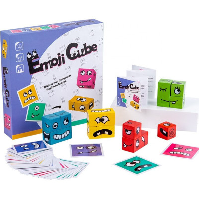 Puzzle educativ cub din lemn, 6in1, blocuri de constructii, carti de joc, emoji foto