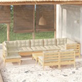 Cumpara ieftin Set mobilier grădină cu perne crem, 10 piese, lemn masiv de pin