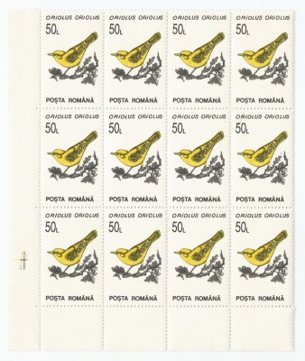 Rom&amp;acirc;nia, LP 1314/1993, Păsări, 50 lei &amp;icirc;n bloc de 12 timbre, h&amp;acirc;rtie cretată foto