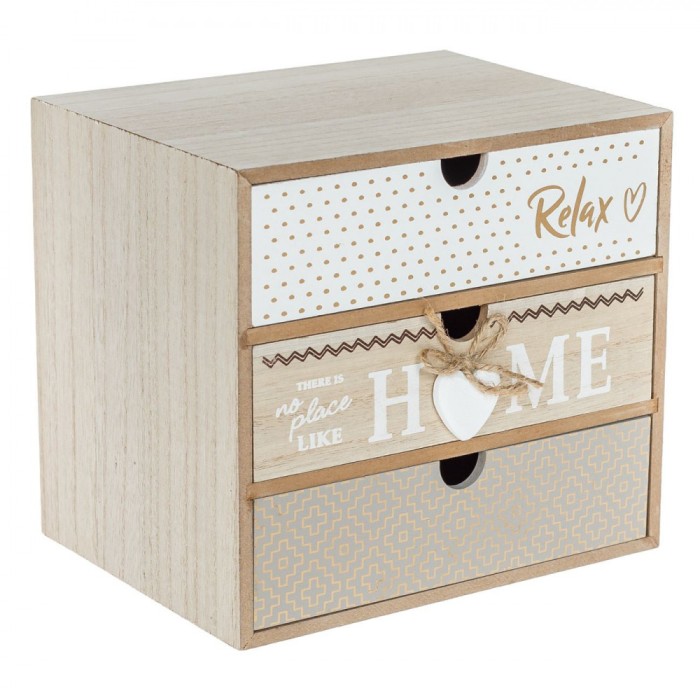 Cutie Decorativă Lemn, Model Home, 3 Sertare, Natural și Alb, 20x15x18cm