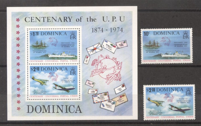Dominica 1974 UPU Centenary set+perf. sheet Mi.417-418+B28 MNH M.204