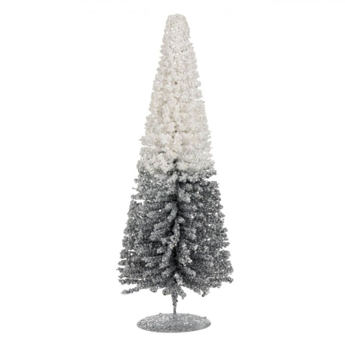 Decoratiune Craciun, Conic, Brad, Alb-Argintiu, 40cm